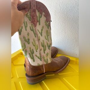 Ariat Brown Leather Boots with Green Cactus Design